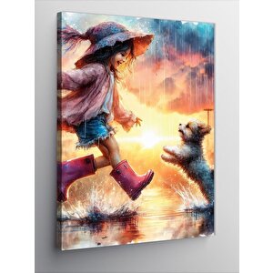Kanvas Tablo Lastik Çizmeli Çocuk Ve Köpek 100x140 cm