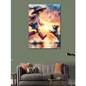 Kanvas Tablo Lastik Çizmeli Çocuk Ve Köpek 100x140 cm