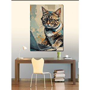 Kanvas Tablo Bilgisayar Kullanan Kedi