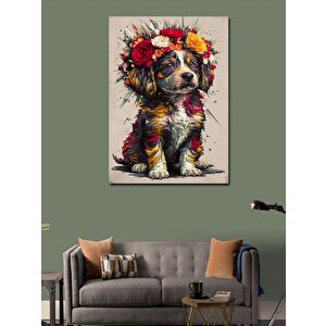 Kanvas Tablo Renkli Çiçekler Ve Yavru Köpek 100x140 cm