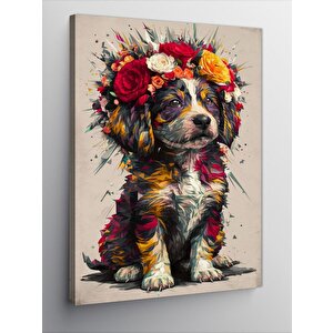 Kanvas Tablo Renkli Çiçekler Ve Yavru Köpek