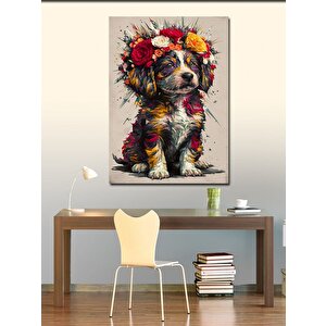 Kanvas Tablo Renkli Çiçekler Ve Yavru Köpek