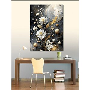 Kanvas Tablo Soyut Beyaz Çiçekler Ve Gezegenler 70x100 cm