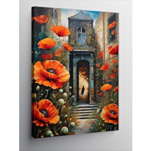 Kanvas Tablo Kırmızı Çiçekler Ve Bina 100x140 cm