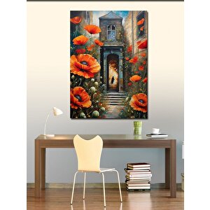 Kanvas Tablo Kırmızı Çiçekler Ve Bina 100x140 cm