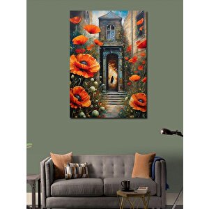Kanvas Tablo Kırmızı Çiçekler Ve Bina 100x140 cm