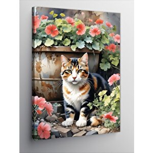 Kanvas Tablo Çiçekler Ve Kedi