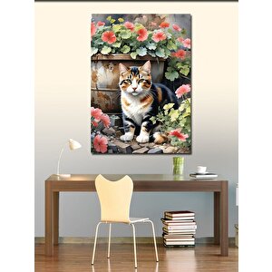 Kanvas Tablo Çiçekler Ve Kedi