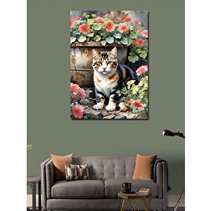 Kanvas Tablo Çiçekler Ve Kedi