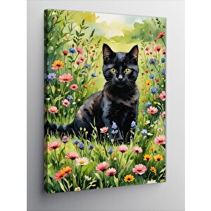 Kanvas Tablo Renkli Çiçekler Ve Siyah Kedi 70x100 cm