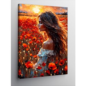 Kanvas Tablo Kırmızı Çiçekler Ve Kız 100x140 cm