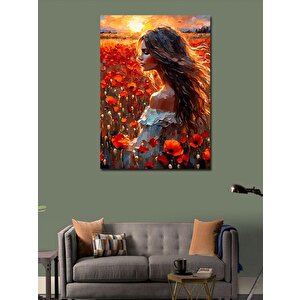 Kanvas Tablo Kırmızı Çiçekler Ve Kız 100x140 cm