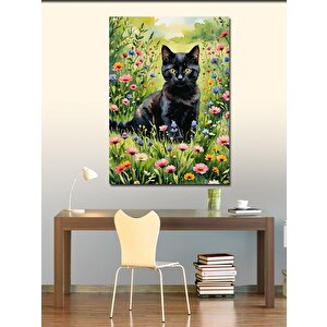 Kanvas Tablo Renkli Çiçekler Ve Siyah Kedi