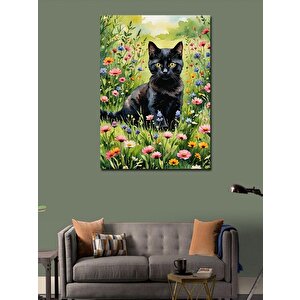 Kanvas Tablo Renkli Çiçekler Ve Siyah Kedi