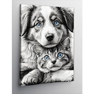 Kanvas Tablo Sarılan Köpek Ve Kedi 100x140 cm