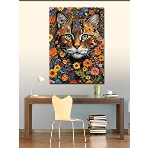 Kanvas Tablo Kedi Ve Çiçekler 100x140 cm