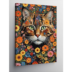 Kanvas Tablo Kedi Ve Çiçekler