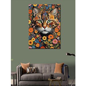 Kanvas Tablo Kedi Ve Çiçekler