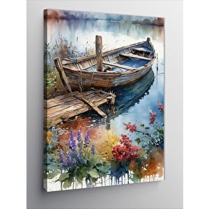 Kanvas Tablo Renkli Çiçekler Ve Ahşap Tekne