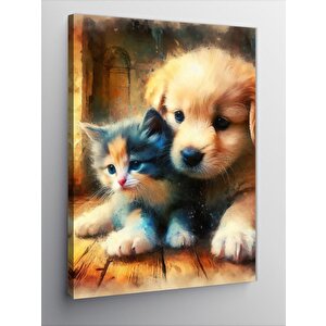 Kanvas Tablo Yavru Köpek Ve Kedi