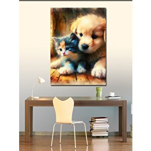 Kanvas Tablo Yavru Köpek Ve Kedi