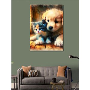 Kanvas Tablo Yavru Köpek Ve Kedi