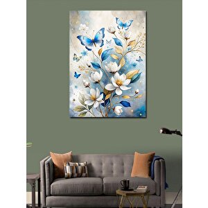 Kanvas Tablo Mavi Kelebekler Ve Çiçekler 70x100 cm