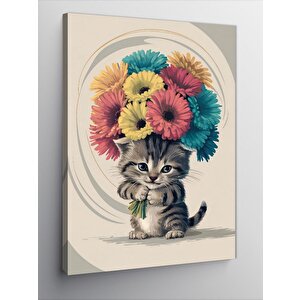 Kanvas Tablo Renkli Çiçekler Ve Kedi