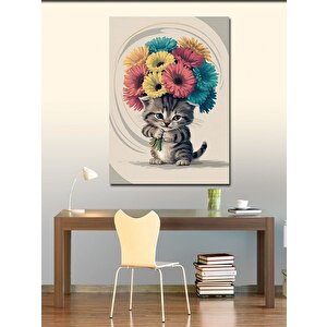 Kanvas Tablo Renkli Çiçekler Ve Kedi