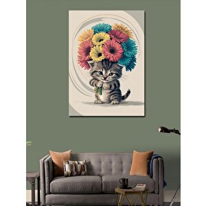Kanvas Tablo Renkli Çiçekler Ve Kedi