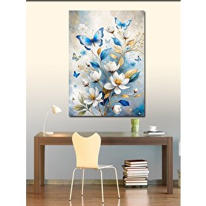 Kanvas Tablo Mavi Kelebekler Ve Çiçekler 100x140 cm