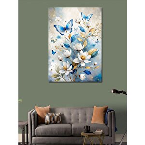 Kanvas Tablo Mavi Kelebekler Ve Çiçekler 100x140 cm