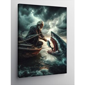 Kanvas Tablo Köpek Balığı Besleyen Adam 100x140 cm