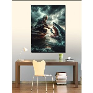 Kanvas Tablo Köpek Balığı Besleyen Adam 100x140 cm