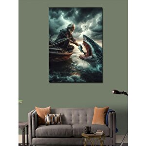 Kanvas Tablo Köpek Balığı Besleyen Adam 100x140 cm