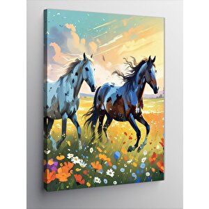 Kanvas Tablo Renkli Çiçekler Ve Atlar 70x100 cm