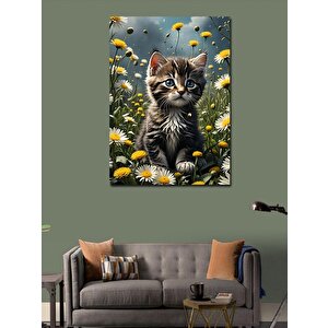 Kanvas Tablo Yavru Kedi Ve Sarı Çiçekler 100x140 cm
