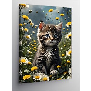 Kanvas Tablo Yavru Kedi Ve Sarı Çiçekler