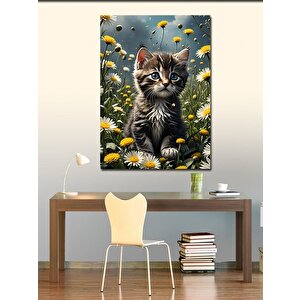 Kanvas Tablo Yavru Kedi Ve Sarı Çiçekler