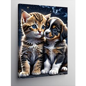 Kanvas Tablo Sarılan Yavru Kedi Ve Köpek