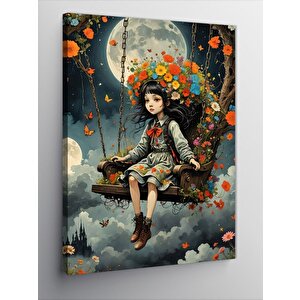 Kanvas Tablo Salıncakta Sallanan Çiçekli Çocuk 100x140 cm