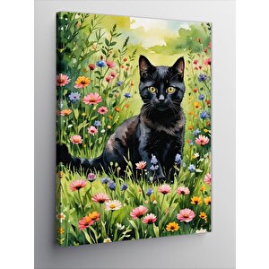 Kanvas Tablo Siyah Kedi Ve Çiçekler