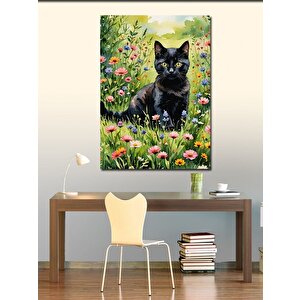 Kanvas Tablo Siyah Kedi Ve Çiçekler