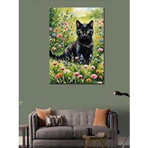 Kanvas Tablo Siyah Kedi Ve Çiçekler