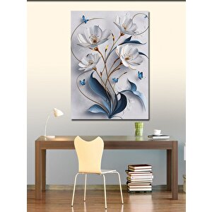 Kanvas Tablo Beyaz Çiçekler Mavi Kelebekler 70x100 cm