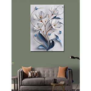 Kanvas Tablo Beyaz Çiçekler Mavi Kelebekler 70x100 cm