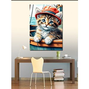Kanvas Tablo Teknedeki Şapkalı Kedi
