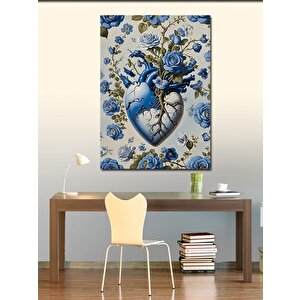 Kanvas Tablo Mavi Çiçekler Ve Kalp 100x140 cm