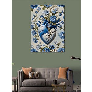 Kanvas Tablo Mavi Çiçekler Ve Kalp 100x140 cm