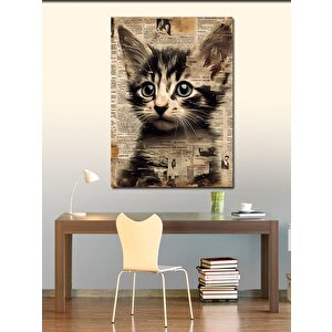Kanvas Tablo Gazete Fon Kedi 70x100 cm